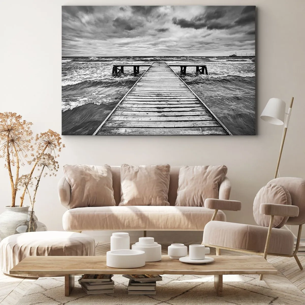 Cuadro sobre lienzo - Impresión de Imagen - Una vista en blanco y negro de un embarcadero de madera sobre un mar tempestuoso. - 70x50cm - Estoy esperando que sople el viento... - Decoración de pared moderna para salón y dormitorio ARTTOR