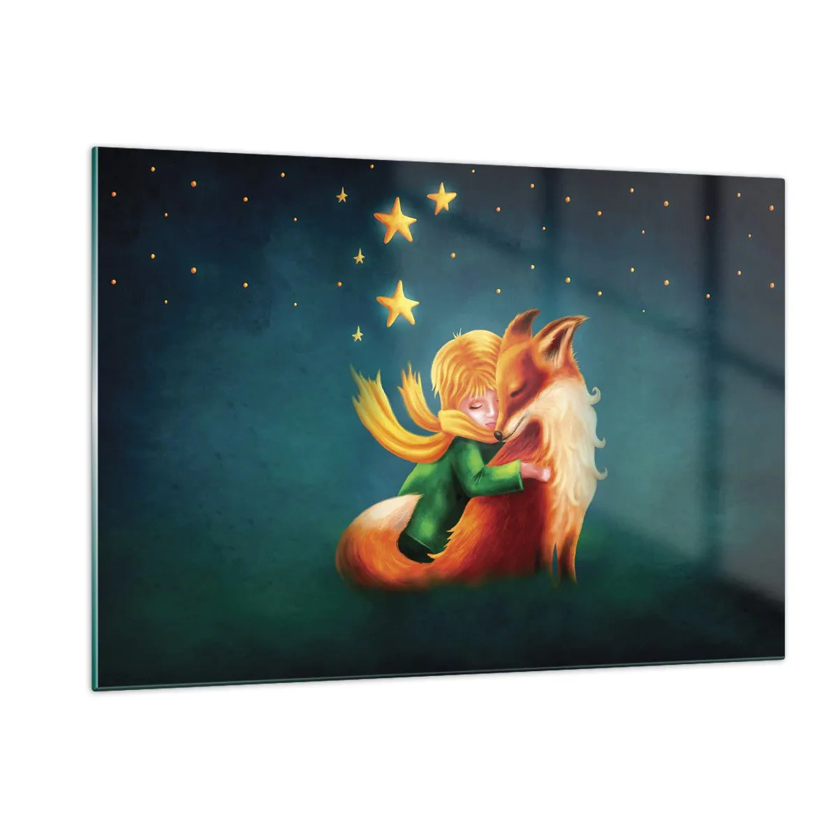 Cuadro sobre vidrio - Impresiones sobre Vidrio - El Principito abrazando a un zorro bajo un cielo estrellado - 120x80cm - El Principito - Decoración de pared moderna para salón y dormitorio ARTTOR