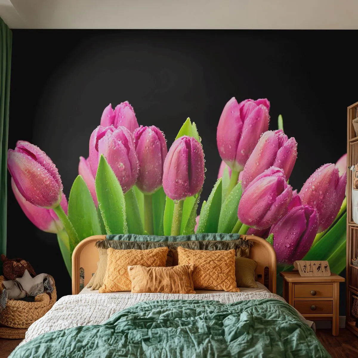 Fotomural Premium Sand - Un ramo de tulipanes rosas con gotas de agua sobre un fondo negro. - 100x70cm - La alegría de la primavera - Decoración de pared moderna para salón y dormitorio ARTTOR