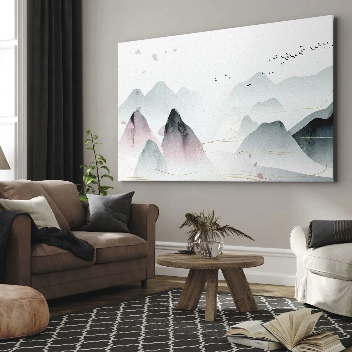 Cuadro sobre lienzo - Impresión de Imagen - Montañas abstractas en tonos pastel - 70x50cm - Sobre las cimas - Decoración de pared moderna para salón y dormitorio ARTTOR