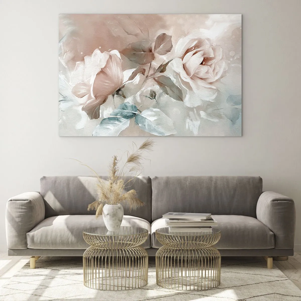 Cuadro sobre vidrio - Impresiones sobre Vidrio - Delicadas rosas de acuarela pastel sobre un fondo claro. - 120x80cm - El espíritu del romanticismo - Decoración de pared moderna para salón y dormitorio ARTTOR