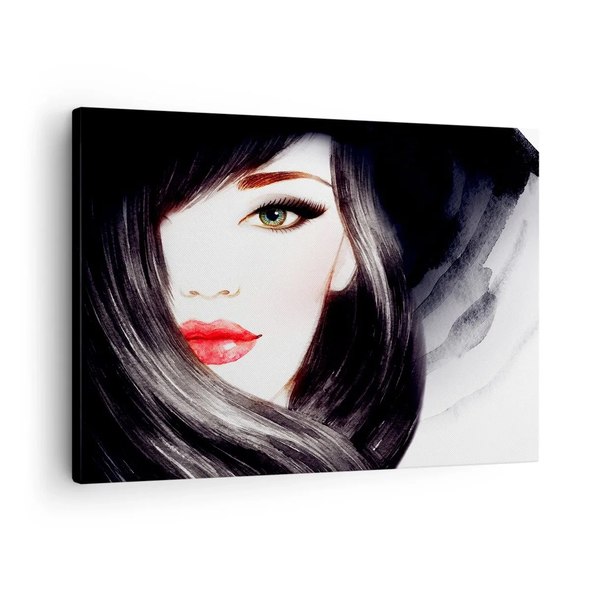 Cuadro sobre lienzo - Impresión de Imagen - Retrato de una mujer con mirada expresiva y labios rojos. - 70x50cm - Mirada de zafiro - Decoración de pared moderna para salón y dormitorio ARTTOR