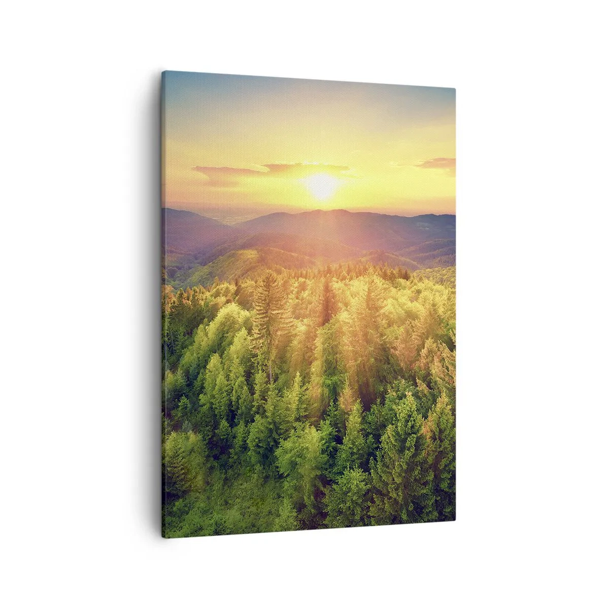 Cuadro sobre lienzo - Impresión de Imagen - Paisaje forestal con puesta de sol sobre las colinas - 50x70cm - Desde lo alto - Decoración de pared moderna para salón y dormitorio ARTTOR