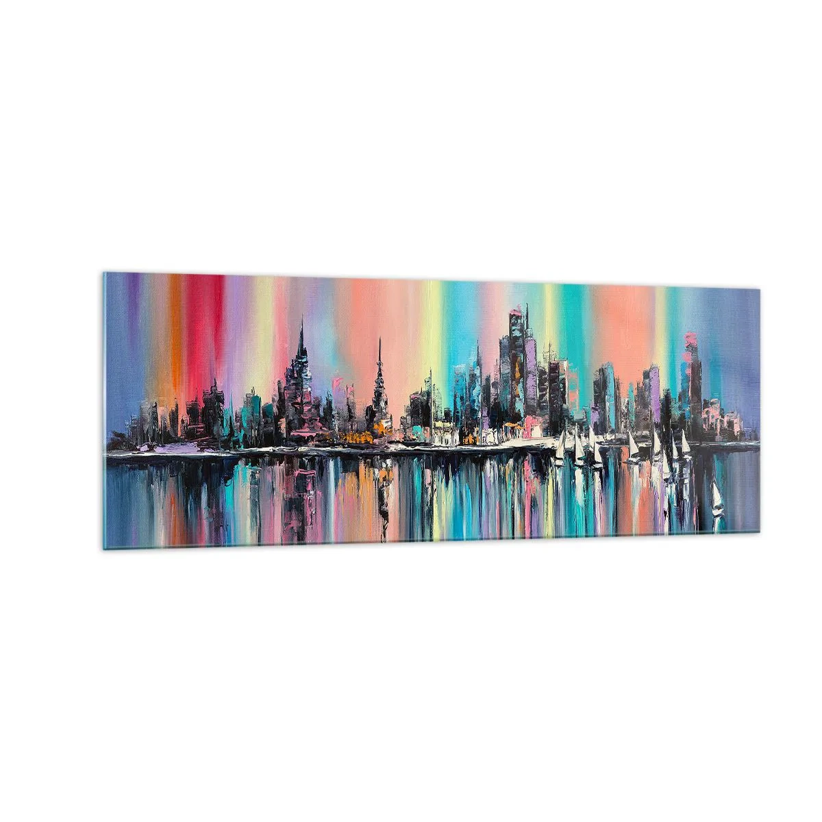 Cuadro sobre vidrio - Impresiones sobre Vidrio - Paisaje urbano colorido con reflejo en el agua - 140x50cm - Flota con la luz de la noche - Decoración de pared moderna para salón y dormitorio ARTTOR