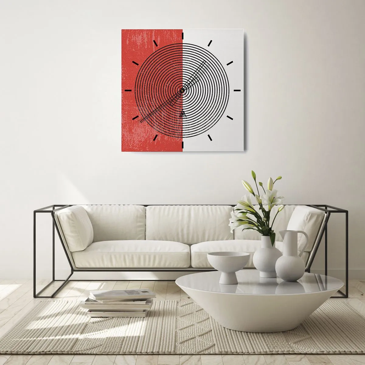 Reloj de pared - Reloj de vidrio - Patrón geométrico con círculos concéntricos sobre un fondo rojo y blanco. - 30x30cm - En el corazón de la misma - Decoración de pared moderna para salón y dormitorio ARTTOR