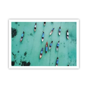 Póster - Una vista aérea de barcos en aguas turquesas. - 100x70cm - En alegre espera - Decoración de pared moderna para salón y dormitorio ARTTOR