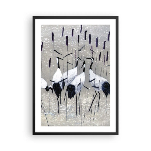 Póster en marco negro - La gracia de las grullas en un sutil paisaje de hierba y agua. - 50x70cm - Entre los suyos - Decoración de pared moderna para salón y dormitorio ARTTOR