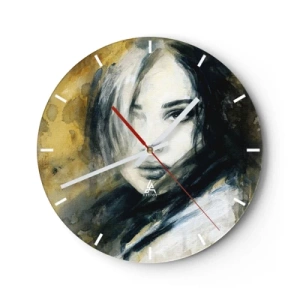 Reloj de pared - Reloj de vidrio - Retrato de una mujer en estilo artístico en tonos dorados y negros. - 30x30cm - Inocente y sensual - Decoración de pared moderna para salón, cocina y dormitorio ARTTOR