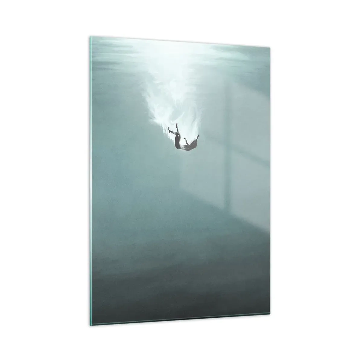 Cuadro sobre vidrio - Impresiones sobre Vidrio - La silueta de un hombre inmerso en las profundidades azules del océano. - 50x70cm - En el abrazo del océano - Decoración de pared moderna para salón y dormitorio ARTTOR