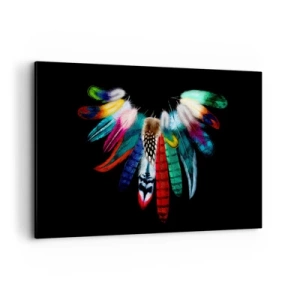 Cuadro sobre lienzo - Impresión de Imagen - Plumas de colores sobre un fondo negro en una composición artística. - 120x80cm - Collar indio - Decoración de pared moderna para salón y dormitorio ARTTOR