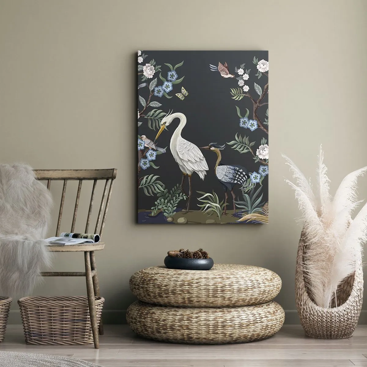 Cuadro sobre lienzo - Impresión de Imagen - Pájaros y plantas pintados sobre un fondo oscuro con un patrón elegante. - 80x120cm - Desfile de aves - Decoración de pared moderna para salón y dormitorio ARTTOR