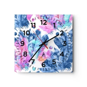 Reloj de pared - Reloj de vidrio - Plumas de color rosa y azul - 30x30 cm