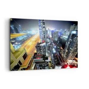 Cuadro sobre lienzo - Impresión de Imagen - Panorama de la ciudad nocturna con rascacielos iluminados - 120x80cm - Un milagro en el desierto - Decoración de pared moderna para salón y dormitorio ARTTOR