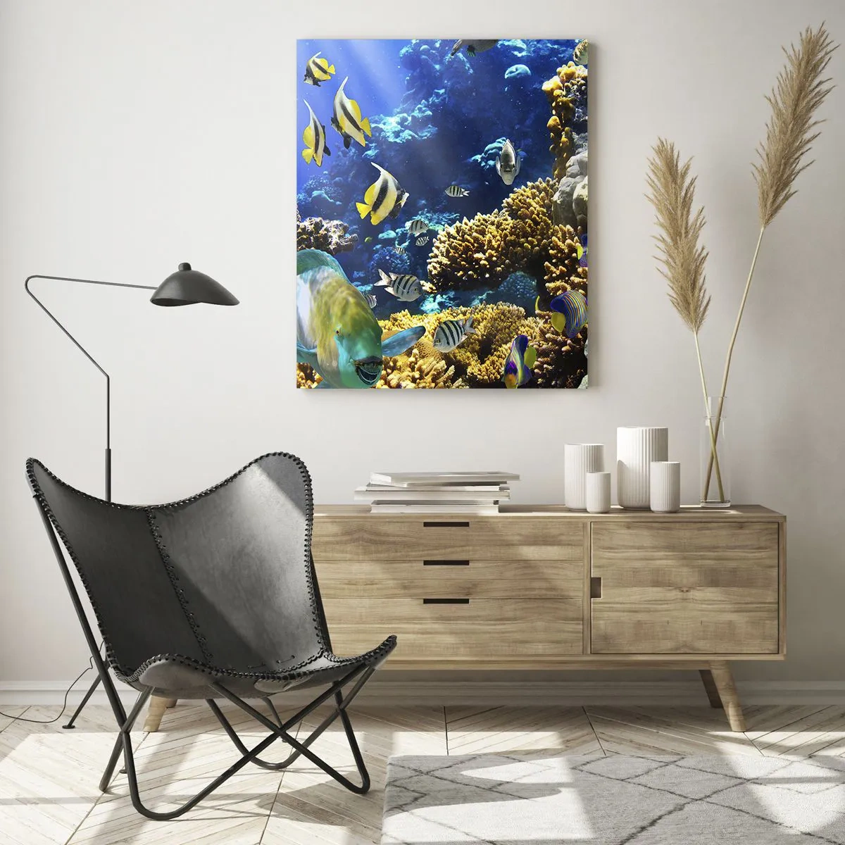 Cuadro sobre vidrio - Impresiones sobre Vidrio - Un colorido arrecife de coral con peces tropicales en las profundidades del océano. - 80x120cm - Vacaciones submarinas - Decoración de pared moderna para salón y dormitorio ARTTOR
