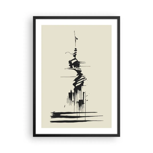 Póster en marco negro - Un dibujo abstracto de una figura sobre un fondo de líneas onduladas. - 50x70cm - Abstracción apresurada - Decoración de pared moderna para salón y dormitorio ARTTOR