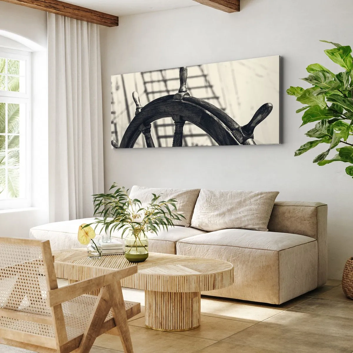 Cuadro sobre lienzo - Impresión de Imagen - Un timón de vela de estilo retro con un barco al fondo. - 120x50cm - Un cuento marino - Decoración de pared moderna para salón y dormitorio ARTTOR