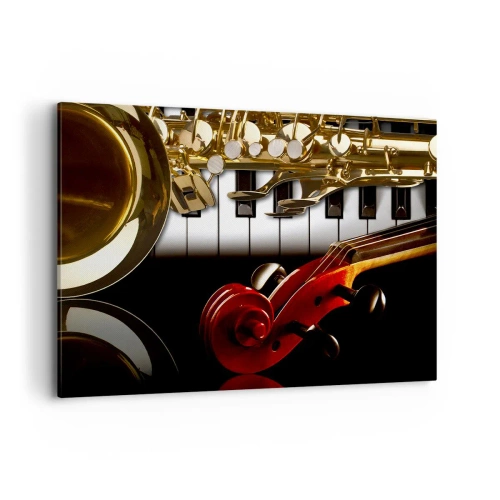Cuadro sobre lienzo - Impresión de Imagen - Un saxofón dorado, teclas de piano y un violín rojo. - 100x70cm - Chapa, madera y marfil - Decoración de pared moderna para salón y dormitorio ARTTOR