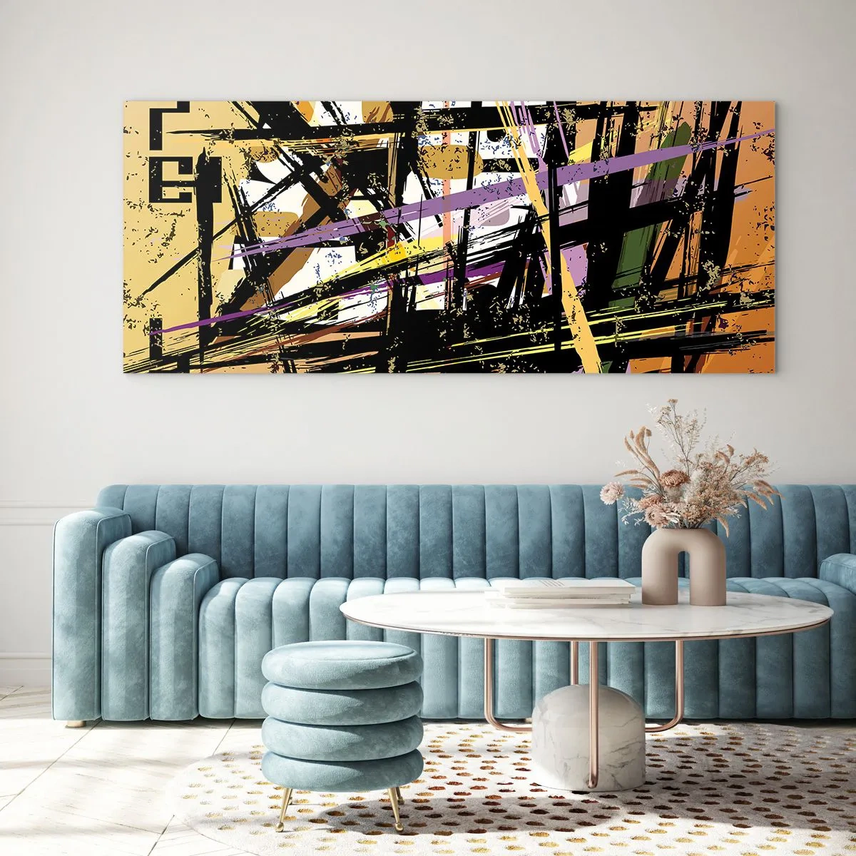 Cuadro sobre vidrio - Impresiones sobre Vidrio - Líneas y formas abstractas sobre un fondo beige - 140x50cm - Corte afilado - Decoración de pared moderna para salón y dormitorio ARTTOR