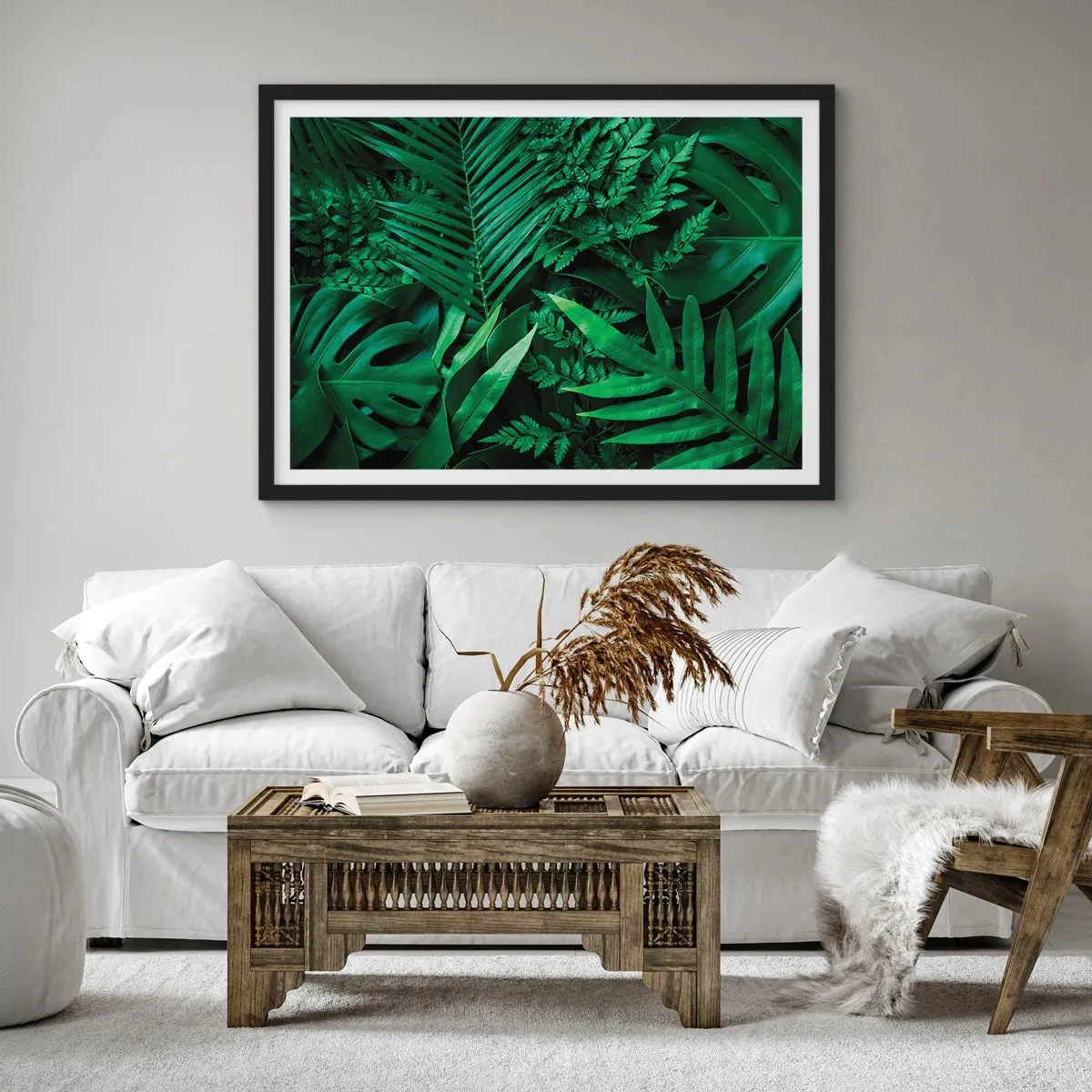 Póster en marco negro - Hojas tropicales verdes en una composición densa y natural. - 70x50cm - Abrazo verde - Decoración de pared moderna para salón y dormitorio ARTTOR