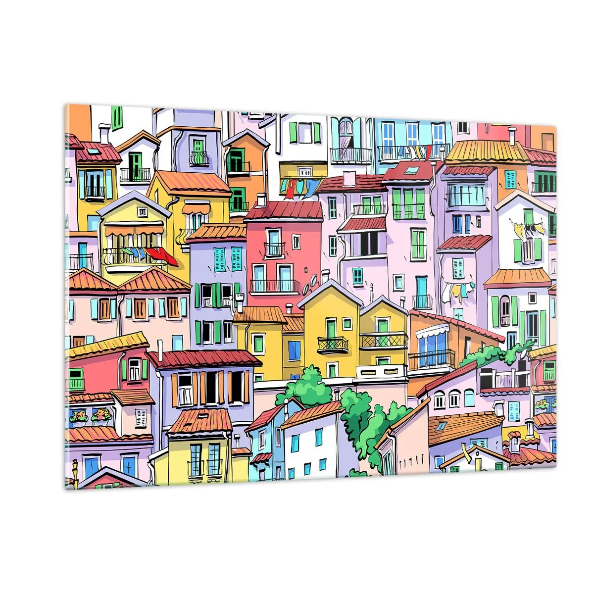 Cuadro sobre vidrio - Impresiones sobre Vidrio - Casas de vecindad coloridas en estilo de dibujos animados, llenas de detalles - 120x80cm - Ciudad alegre - Decoración de pared moderna para salón y dormitorio ARTTOR