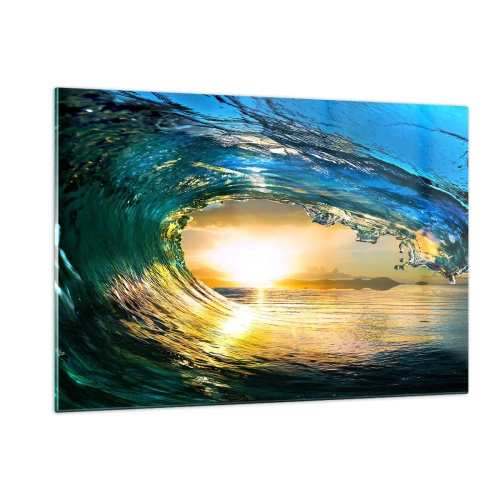 Cuadro sobre vidrio - Impresiones sobre Vidrio - Una ola del océano capturada a la luz del sol poniente. - 120x80cm - Ojo de esperanza - Decoración de pared moderna para salón y dormitorio ARTTOR