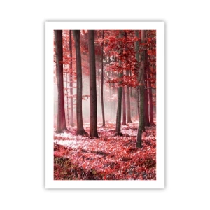 Póster - Un bosque con hojas rojas y niebla por la mañana. - 50x70cm - Rojo como el que más - Decoración de pared moderna para salón y dormitorio ARTTOR