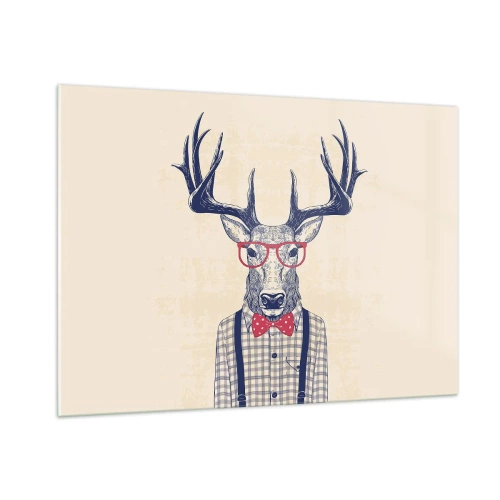 Cuadro sobre vidrio - Impresiones sobre Vidrio - Ilustración de un ciervo con gafas y pajarita. - 100x70cm - Una extravagancia lúdica - Decoración de pared moderna para salón y dormitorio ARTTOR