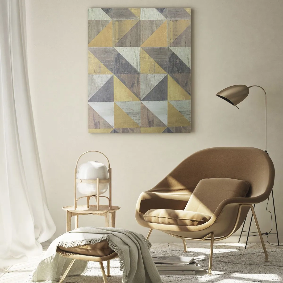 Cuadro sobre vidrio - Impresiones sobre Vidrio - Composición geométrica de triángulos en tonos tierra. - 70x100cm - El arte de los triángulos - Decoración de pared moderna para salón y dormitorio ARTTOR