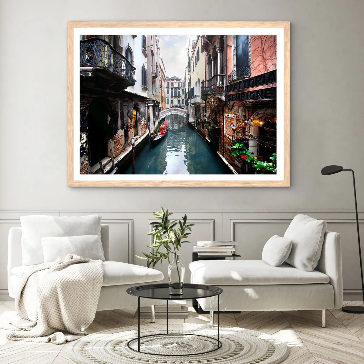 Póster en marco roble claro - Paisaje veneciano con góndola y puente - 100x70 cm