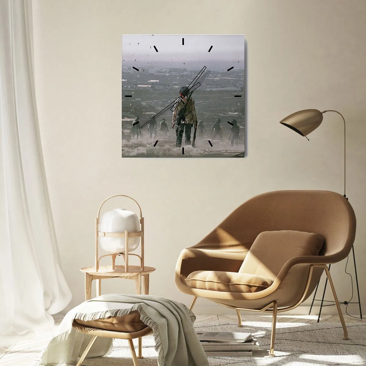 Reloj de pared - Reloj de vidrio - Una figura con una pistola se encuentra frente a un grupo en un paisaje distópico. - 30x30cm - Soy leyenda - Decoración de pared moderna para salón y dormitorio ARTTOR