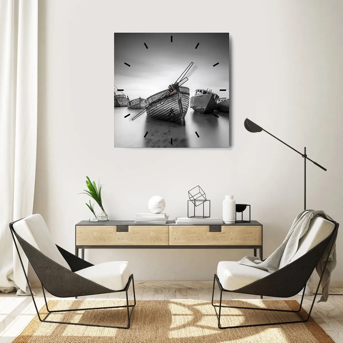 Reloj de pared - Reloj de vidrio - Barcos abandonados en aguas tranquilas - 30x30cm - Ahora solo quedan los recuerdos... - Decoración de pared moderna para salón y dormitorio ARTTOR