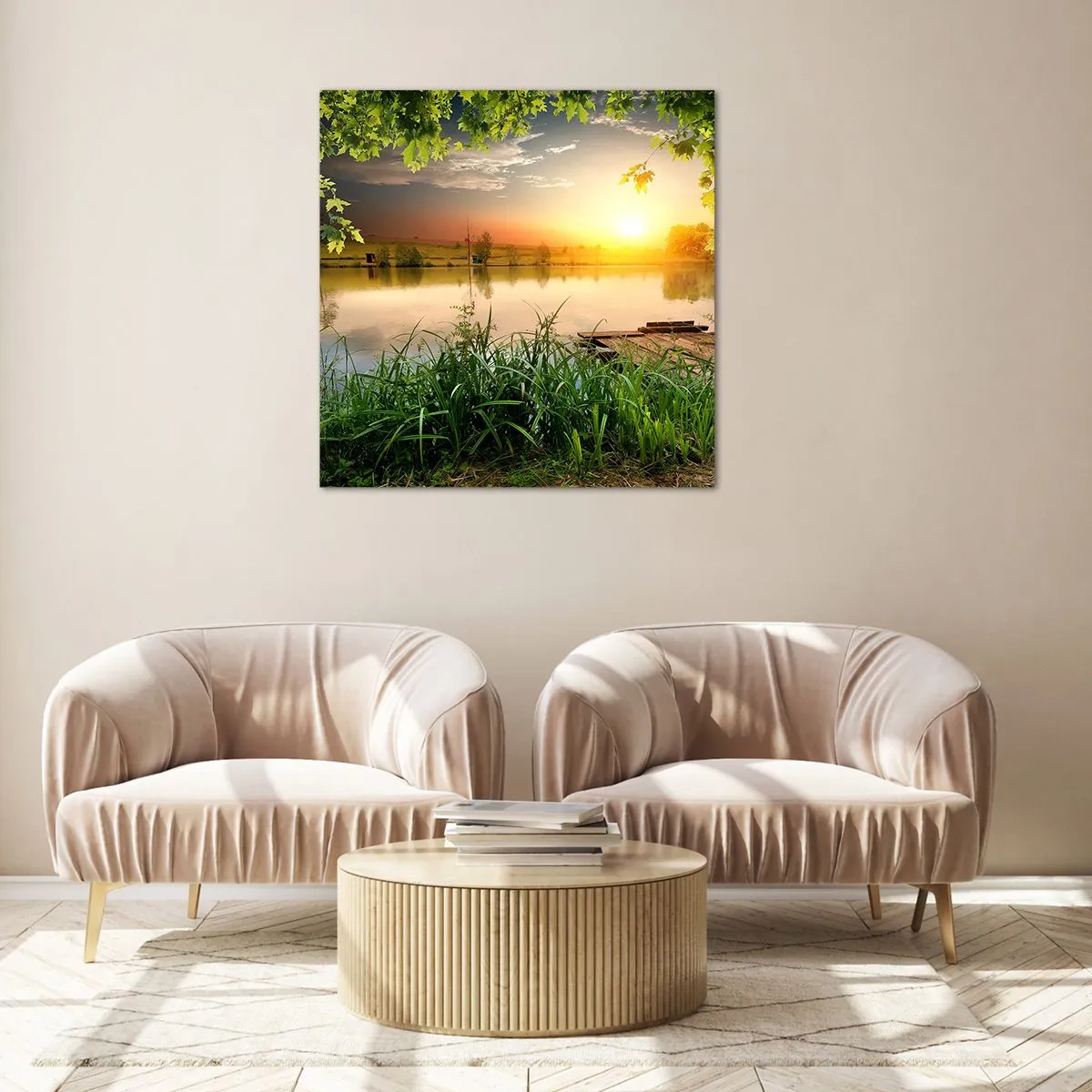 Cuadro sobre vidrio - Impresiones sobre Vidrio - Paisaje en un marco verde - 60x60 cm