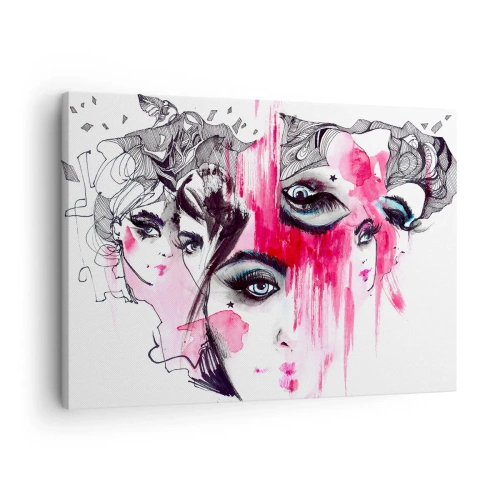 Cuadro sobre lienzo - Impresión de Imagen - Rostro abstracto en tonos rosa y negro. - 70x50cm - Ojos abstractos - Decoración de pared moderna para salón y dormitorio ARTTOR