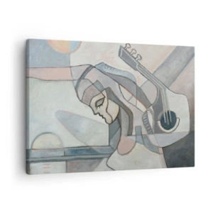 Cuadro sobre lienzo - Impresión de Imagen - Una figura abstracta con una guitarra en colores pastel. - 70x50cm - En el poder de la música - Decoración de pared moderna para salón y dormitorio ARTTOR