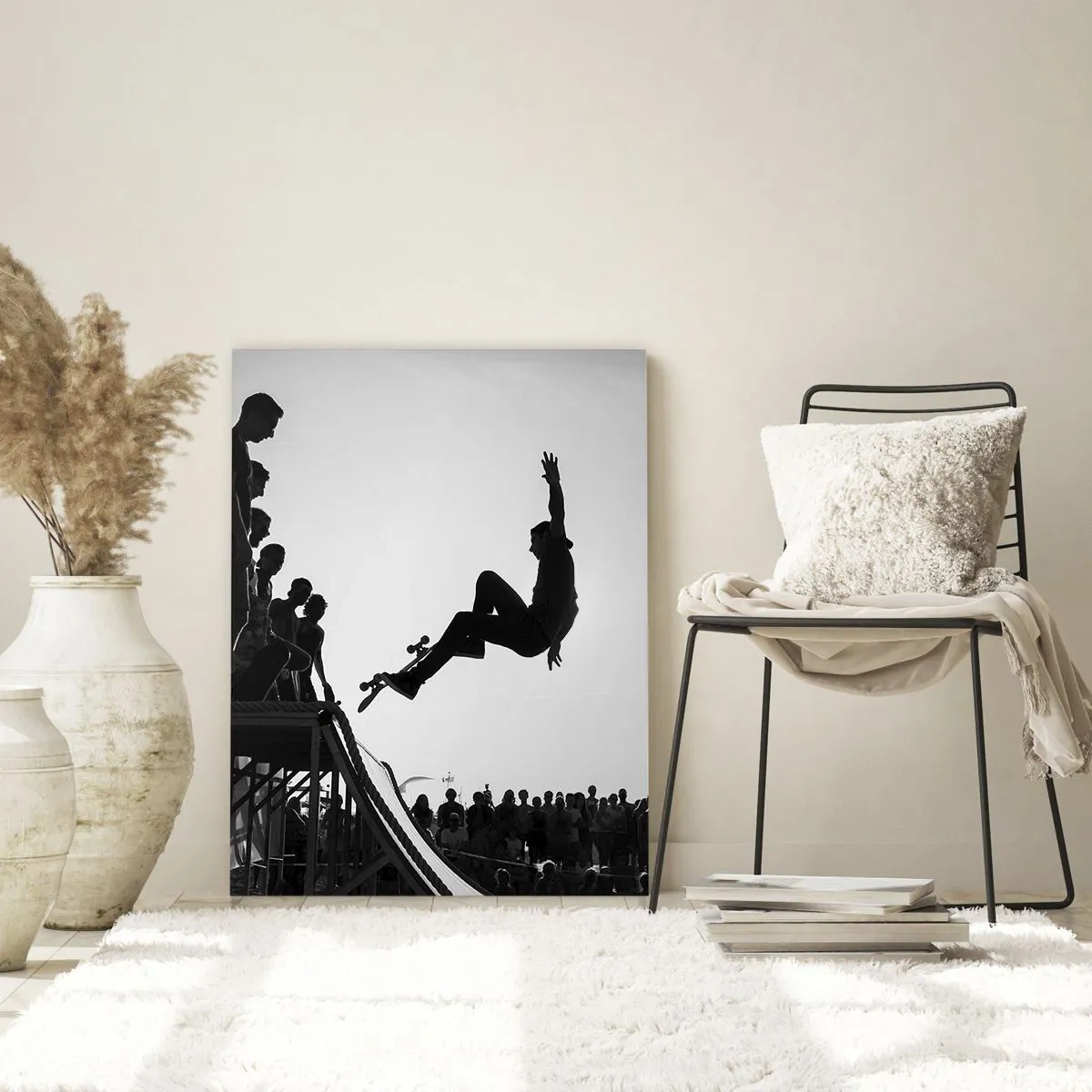 Cuadro sobre vidrio - Impresiones sobre Vidrio - Patinador blanco y negro en el aire - 50x70cm - Héroes y espectadores - Decoración de pared moderna para salón y dormitorio ARTTOR