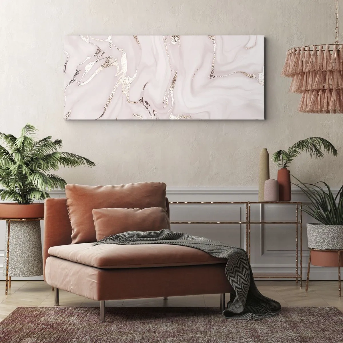 Cuadro sobre lienzo - Impresión de Imagen - Elegante abstracción en tonos rosa y dorado. - 140x50cm - En rosa - Decoración de pared moderna para salón y dormitorio ARTTOR