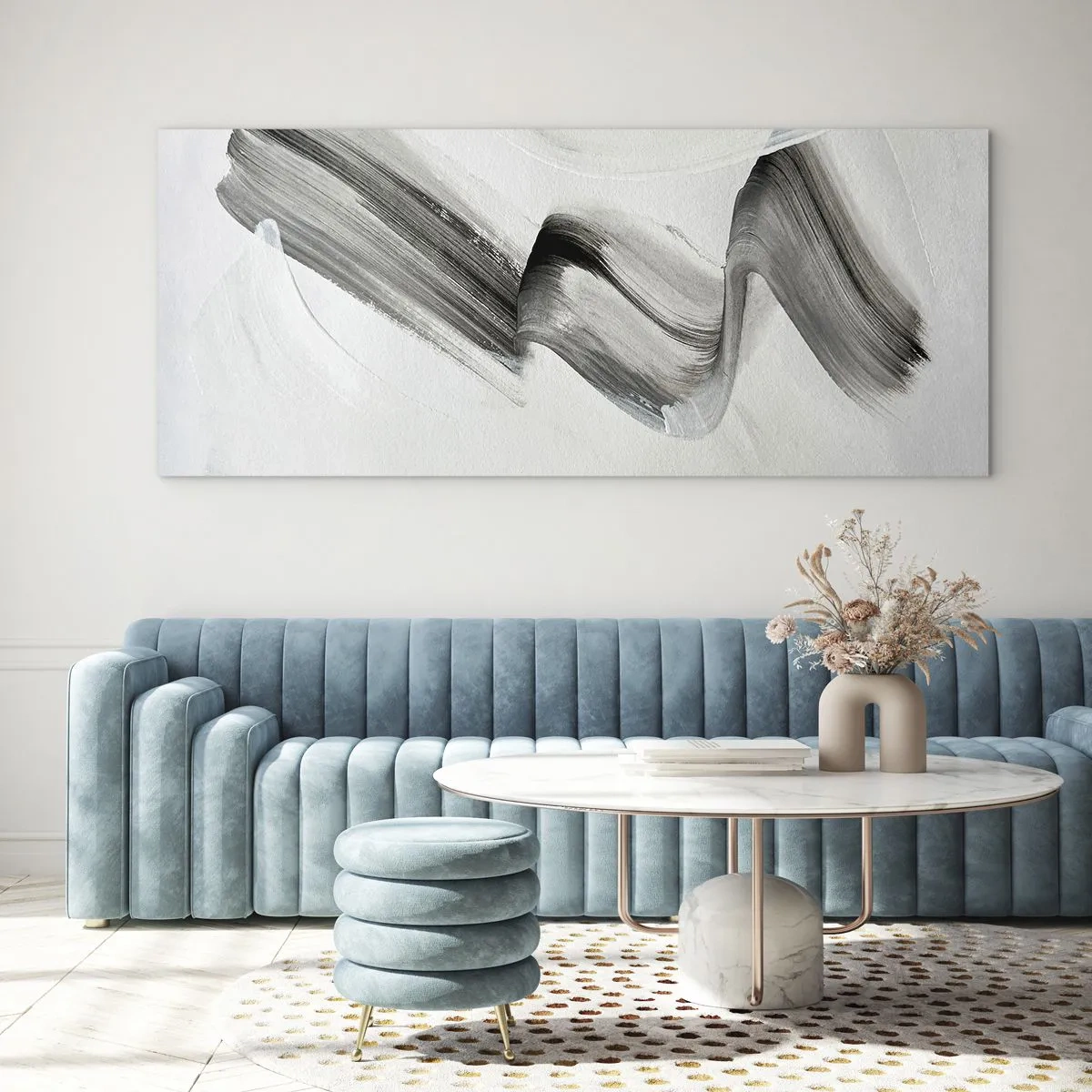 Cuadro sobre vidrio - Impresiones sobre Vidrio - Pincelada abstracta en blanco y negro sobre un fondo claro - 120x50cm - Solo por diversión - Decoración de pared moderna para salón y dormitorio ARTTOR