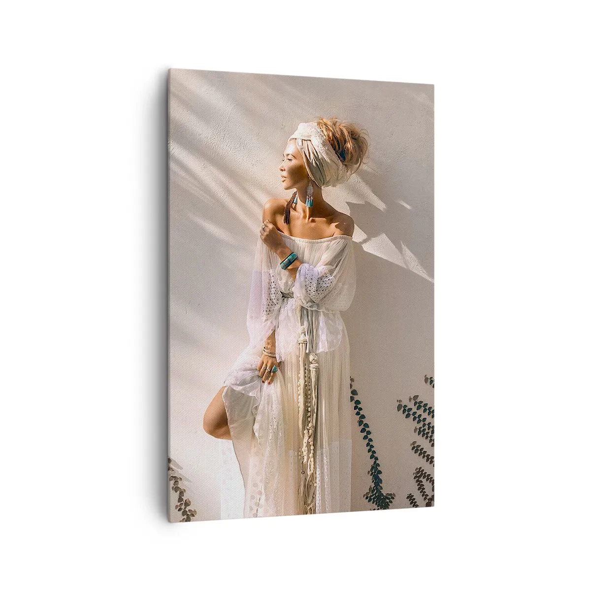 Cuadro sobre lienzo - Impresión de Imagen - Una mujer de estilo boho iluminada por los rayos del sol. - 80x120cm - El sol y la joven - Decoración de pared moderna para salón y dormitorio ARTTOR
