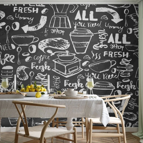 Fotomural Premium Canvas - Gráficos de café elegantes sobre un fondo negro. - 100x70cm - All you need is… - Decoración de pared moderna para salón y dormitorio ARTTOR