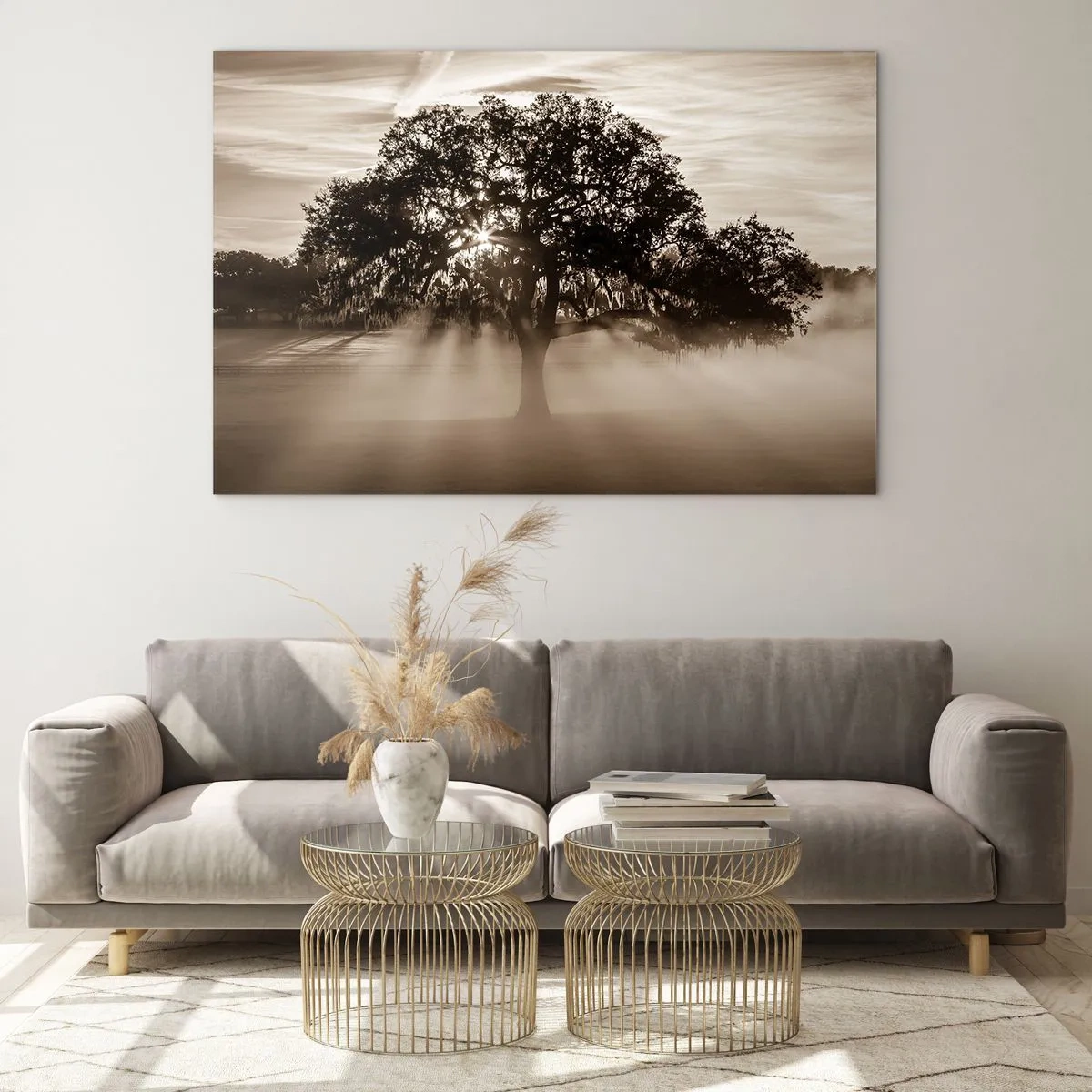 Cuadro sobre vidrio - Impresiones sobre Vidrio - Un árbol en la niebla de la mañana con rayos de sol brillando a través de las ramas. - 120x80cm - Un árbol de buenas noticias - Decoración de pared moderna para salón y dormitorio ARTTOR
