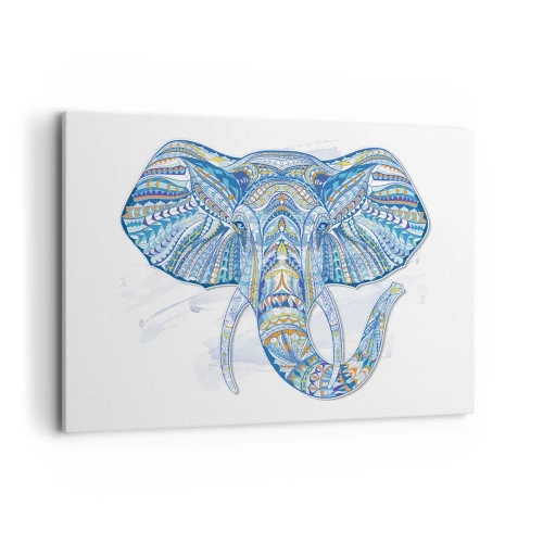 Cuadro sobre lienzo - Impresión de Imagen - Elefante geométrico en tonos azules y dorados. - 120x80cm - Con incrustaciones de oro y azul - Decoración de pared moderna para salón y dormitorio ARTTOR