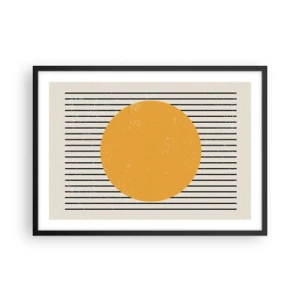 Póster en marco negro - Un círculo amarillo sobre un fondo de líneas horizontales blancas y negras. - 70x50cm - El poder de la sencillez - Decoración de pared moderna para salón y dormitorio ARTTOR