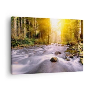 Cuadro sobre lienzo - Impresión de Imagen - Un arroyo forestal iluminado por los rayos del sol. - 70x50cm - Malaquita en un marco de plata y oro - Decoración de pared moderna para salón y dormitorio ARTTOR
