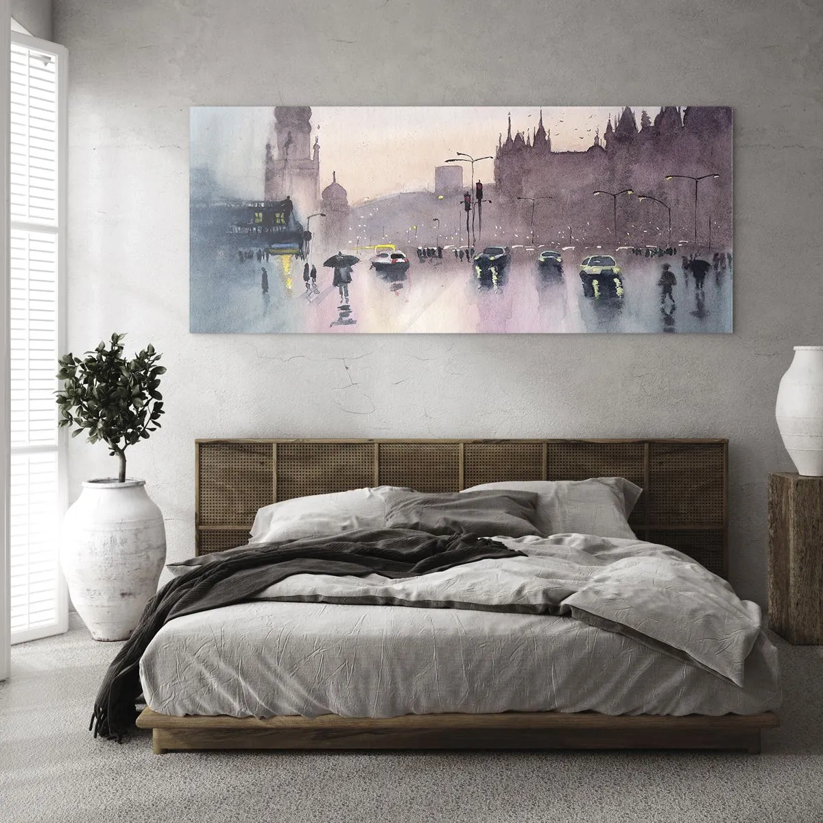 Cuadro sobre vidrio - Impresiones sobre Vidrio - Una calle de la ciudad al anochecer en estilo acuarela. - 160x50cm - En una niebla lluviosa - Decoración de pared moderna para salón y dormitorio ARTTOR