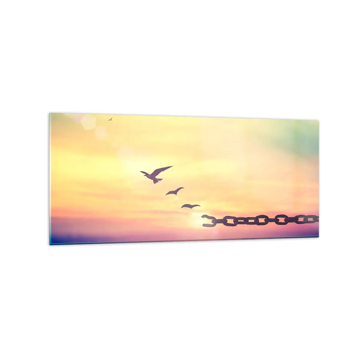 Cuadro sobre vidrio - Impresiones sobre Vidrio - Símbolo de libertad con pájaros y una cadena rota. - 120x50cm - Victoria de la libertad - Decoración de pared moderna para salón y dormitorio ARTTOR