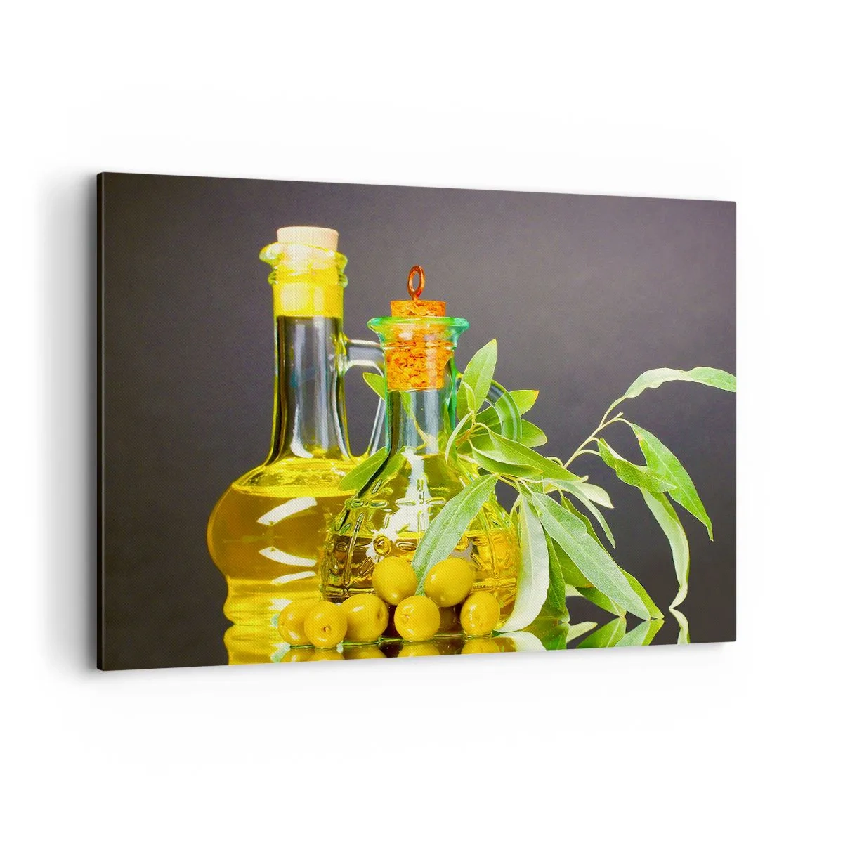 Cuadro sobre lienzo - Impresión de Imagen - Botellas de aceite de oliva y ramas de olivo - 120x80cm - Bodegón con aceitunas y aceite - Decoración de pared moderna para salón y dormitorio ARTTOR