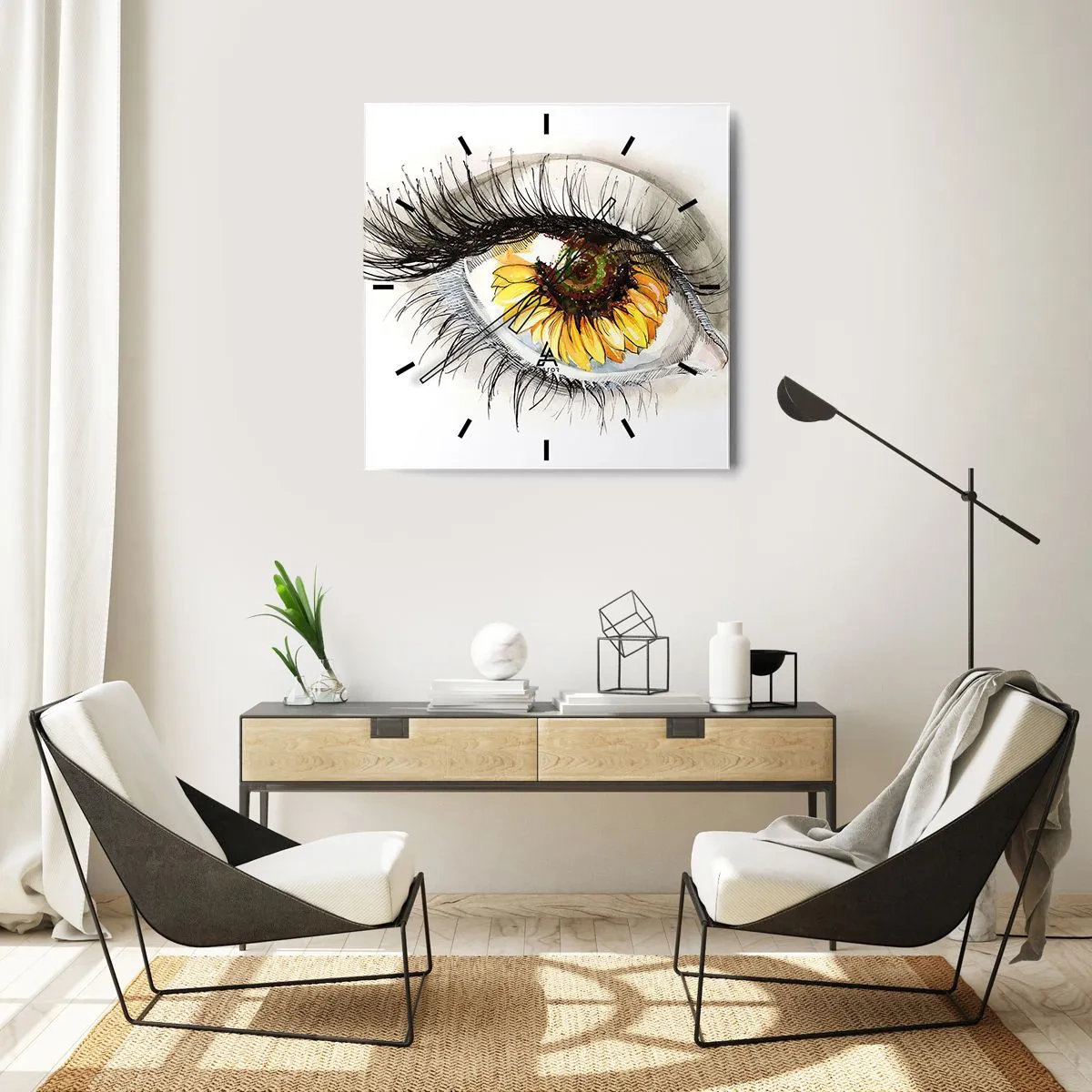 Reloj de pared - Reloj de vidrio - Ojo artístico con iris en forma de girasol. - 30x30cm - Un aspecto tan caluroso como el verano - Decoración de pared moderna para salón y dormitorio ARTTOR
