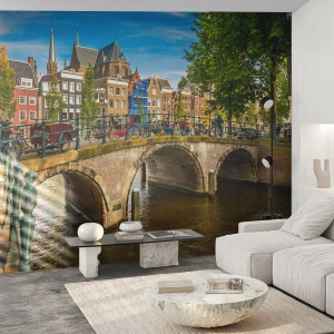 Fotomural Premium Canvas - Primavera en el canal - Ciudad, Ámsterdam, Arquitectura - 200x140 cm
