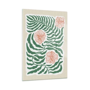Cuadro sobre vidrio - Impresiones sobre Vidrio - Hojas verdes y flores rojas en un arreglo gráfico. - 50x70cm - Florecido en verde - Decoración de pared moderna para salón y dormitorio ARTTOR