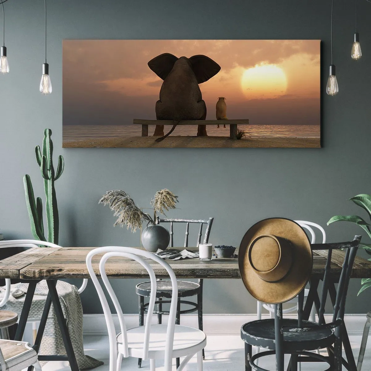 Cuadro sobre lienzo - Impresión de Imagen - Un elefante y un perro están sentados en un banco en la playa durante el atardecer. - 120x50cm - Es bueno estar en silencio juntos - Decoración de pared moderna para salón y dormitorio ARTTOR